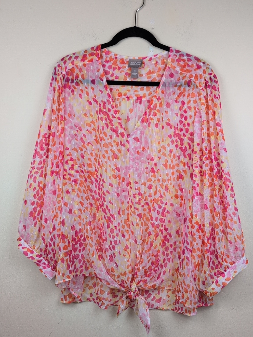 Chico's Semi Sheer Relaxed Fit Tie-Front Blouse Size 4 / XXL
